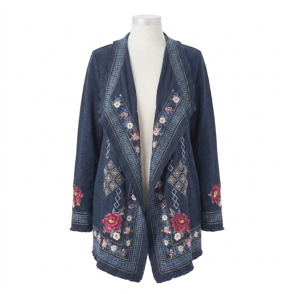 NEW PAPARAZZI embroidered floral open front cardigan in navy